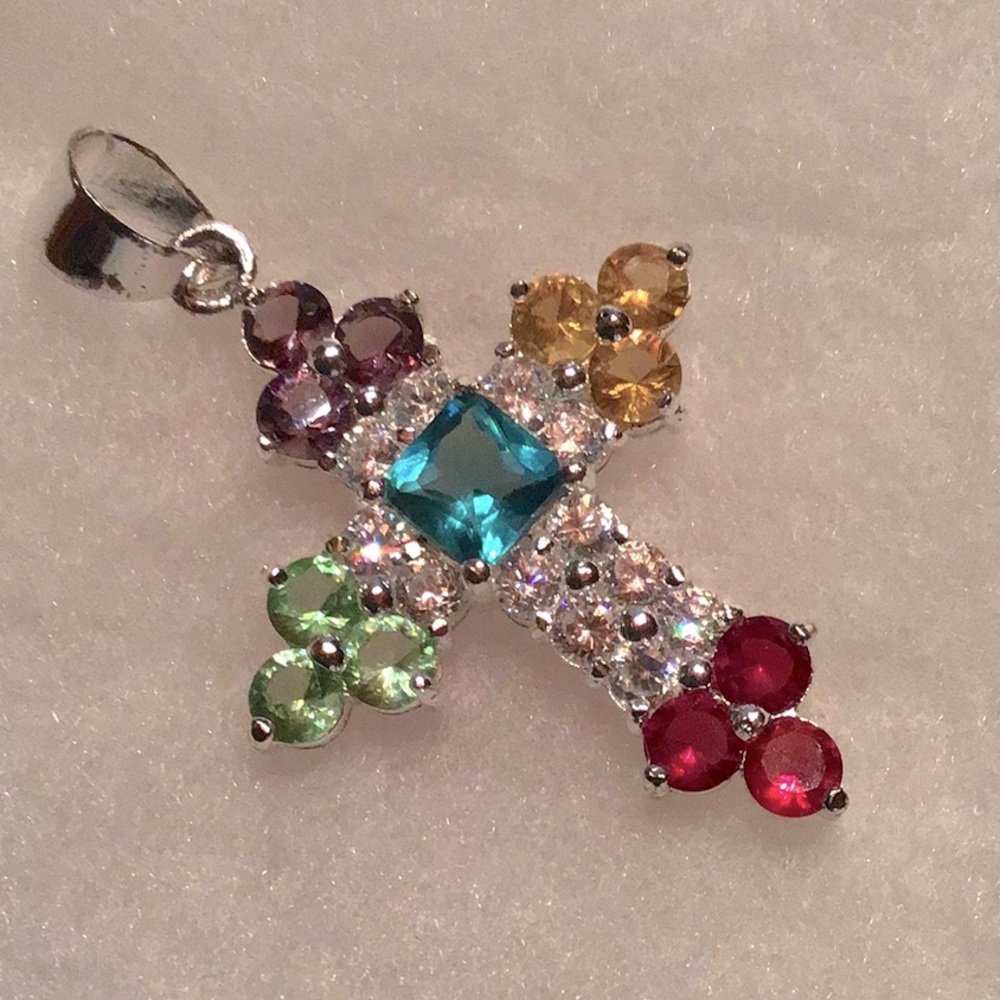 New Sterling Silver Multi-Colored CZ Cross Pendant 1 1/2” L x 1 1/4”W